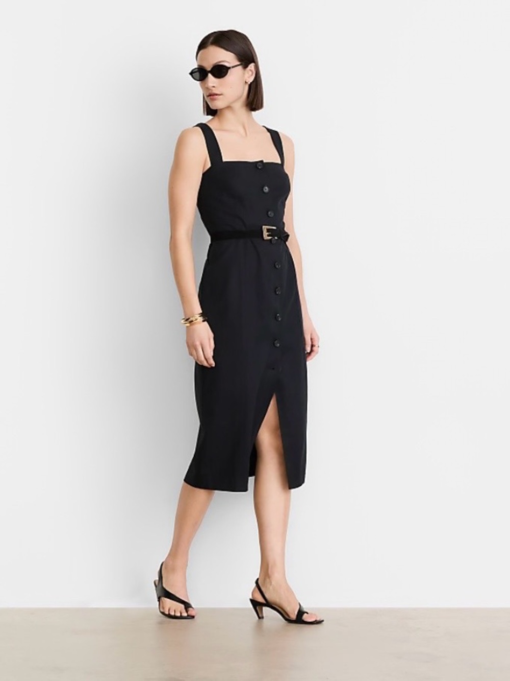 Square-Neck Pure Spun Strappy Button Front Midi Dress. NO BELT INCLUDED